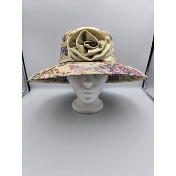 Floral Jacquard Wide Brim Hat Women OS Champagne Purple Excellent Rosette